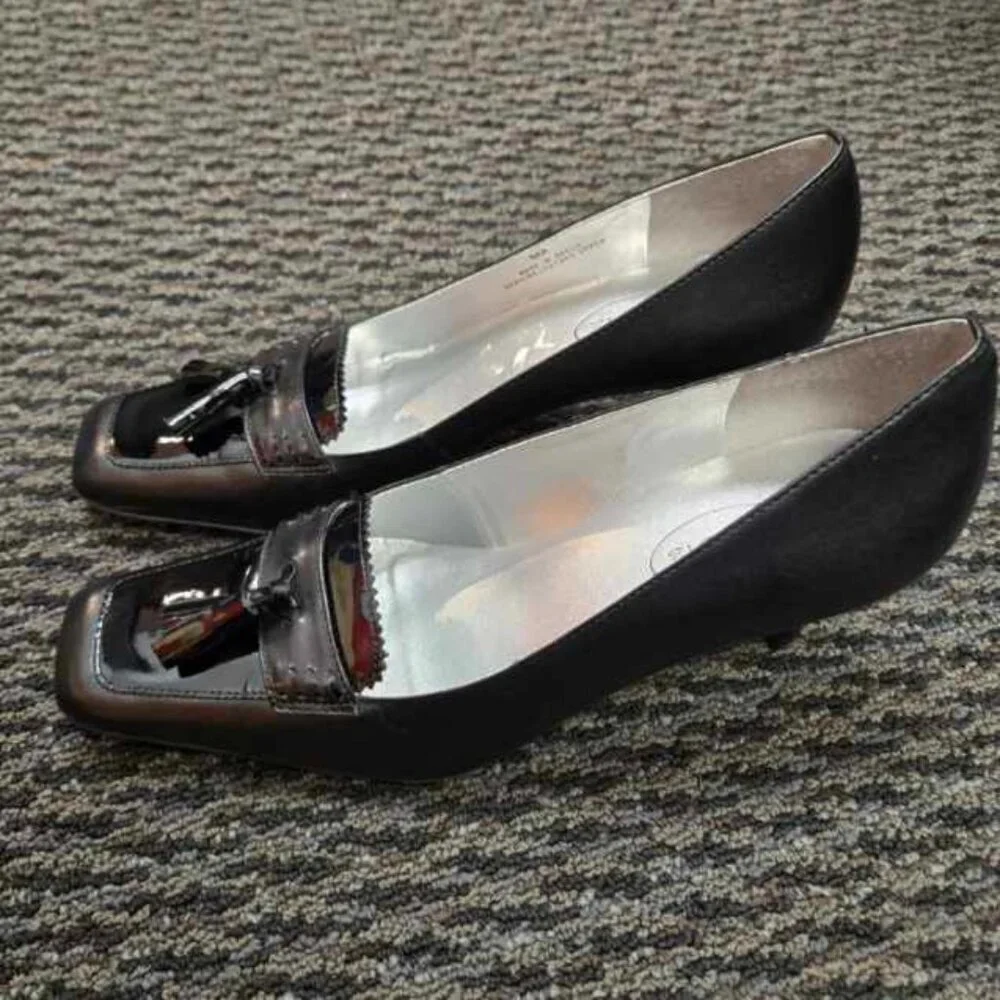 Talbots Black Leather Tassel Pumps 8 AA Narrow Loafer Heels Square Toe Brazil